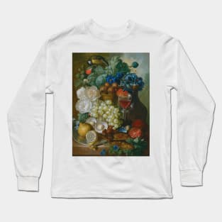 Still Life With Fruit And Flowers, Together With Oysters, Mussels, A Glass Of Wine, A Decanter And Other Objects On A Stone Ledge by Jan van Os Long Sleeve T-Shirt